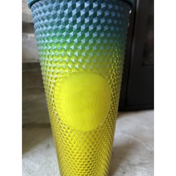 Fall 2023 Starbucks Studded Lemon Teal Gradient Cold Cup Tumbler 24oz Venti - Picture 2 of 7